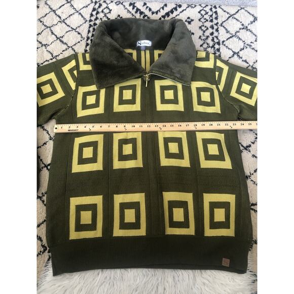 Silversilk Men XXL Green Pattern Squares Full Zip Sweater Faux Fur Collar. R - Picture 3 of 8